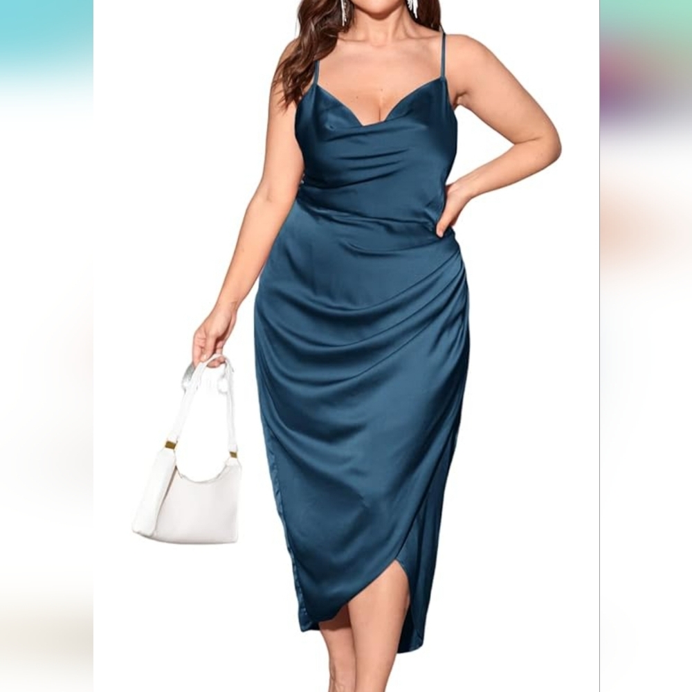 FLOERNS PLUS SIZE Satin Spaghetti Strap  Cowl Neck Cocktail Dress